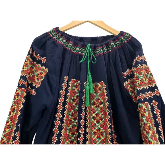 Ukrainian Traditional Blouse XXL Navy Colorful Geometric CrossStitch Embroidery - Picture 2 of 11